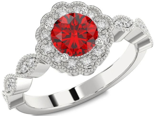 Diamond Ruby Silver Halo Round Engagement Ring