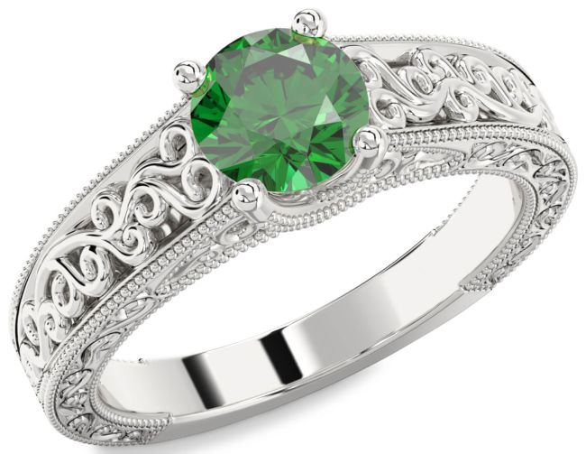 Emerald Silver Knot Round Vintage Engagement Ring
