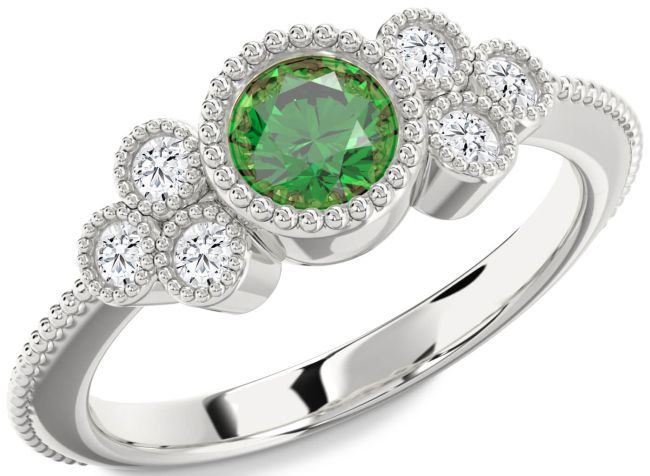 Diamond Emerald Silver Round Vintage Engagement Ring