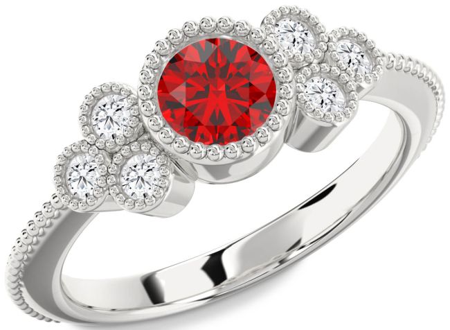 Diamond Ruby Silver Round Vintage Engagement Ring