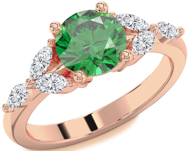 Diamond Emerald Rose Gold Round Engagement Ring