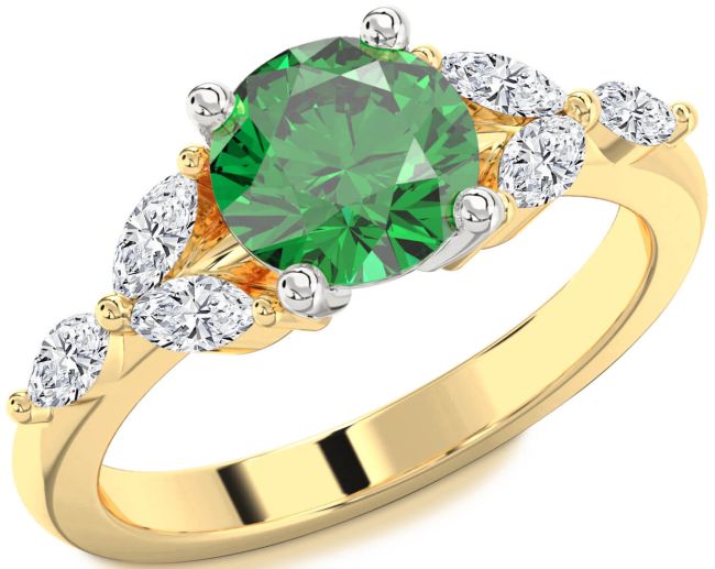 Diamond Emerald Gold Silver Round Engagement Ring