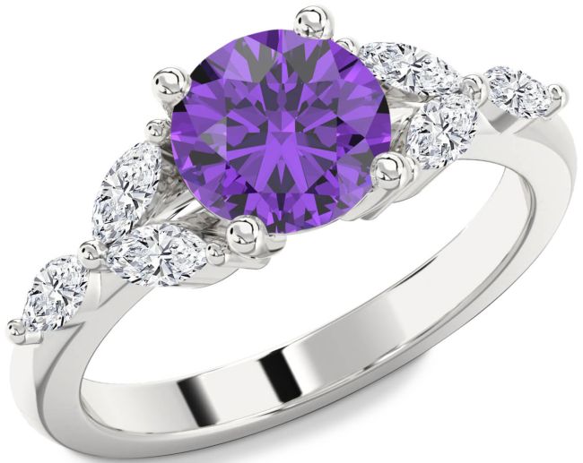 Diamond Amethyst Silver Round Engagement Ring
