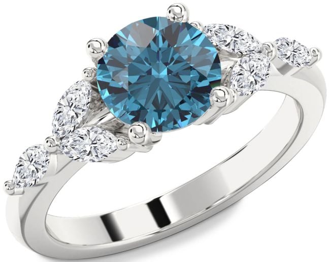Blue Diamond Silver Round Engagement Ring