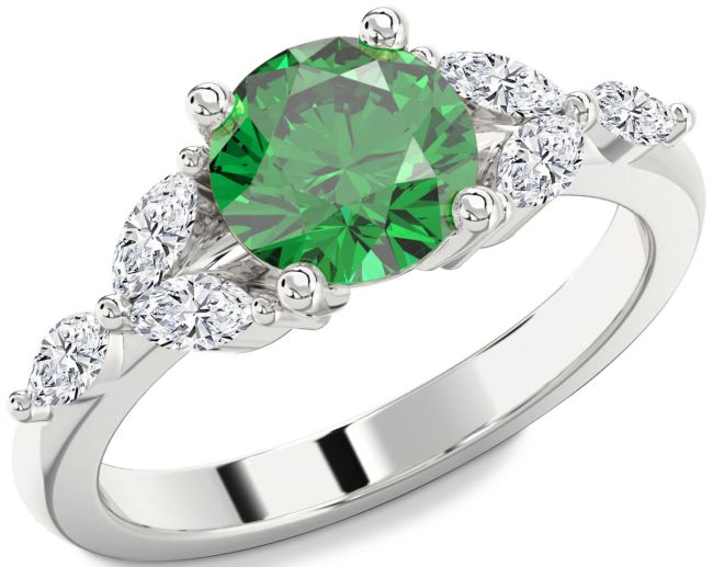 Diamond Emerald Silver Round Engagement Ring