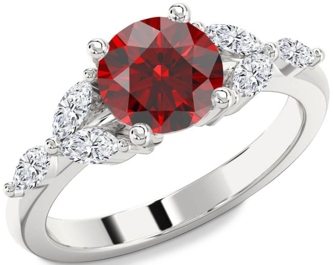 Diamond Garnet Silver Round Engagement Ring