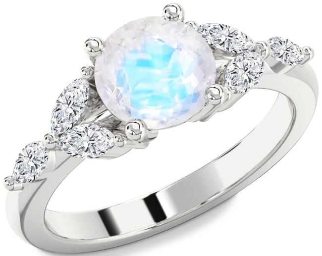 Diamond Moonstone Silver Round Engagement Ring