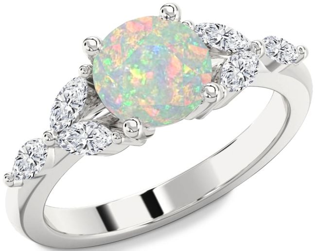 Diamond Opal Silver Round Engagement Ring