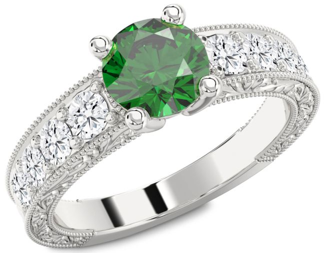 Diamond Emerald Silver Round Vintage Engagement Ring