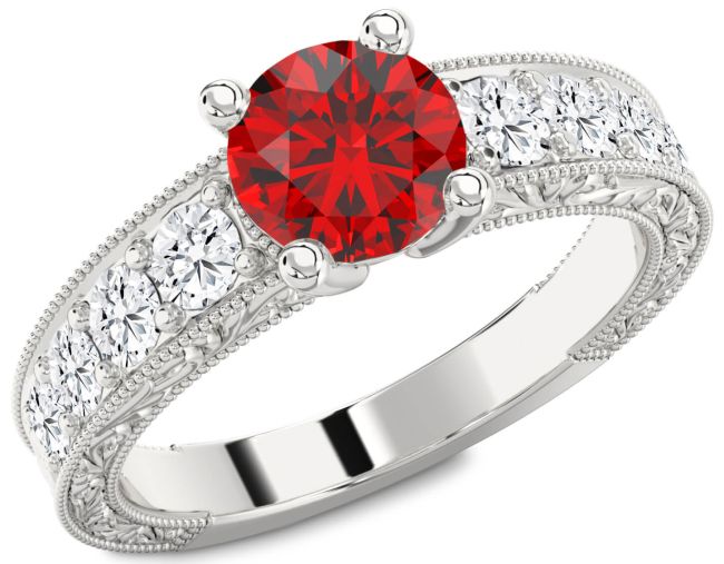 Diamond Ruby Silver Round Vintage Engagement Ring