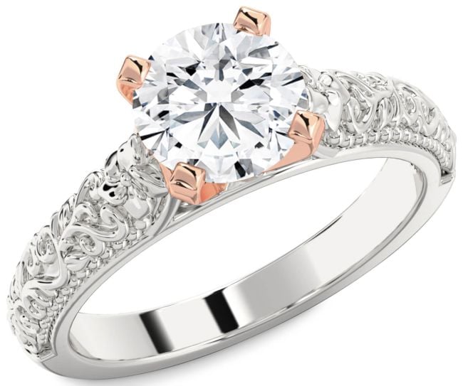 Diamond Rose Gold Silver Round Vintage Engagement Ring