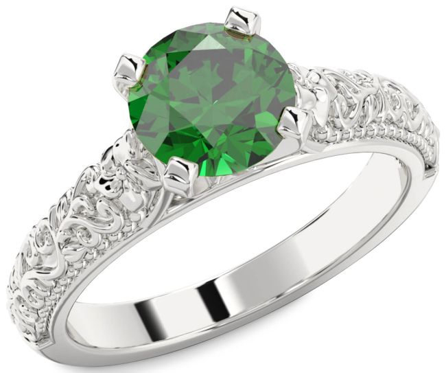 Emerald Silver Round Vintage Engagement Ring