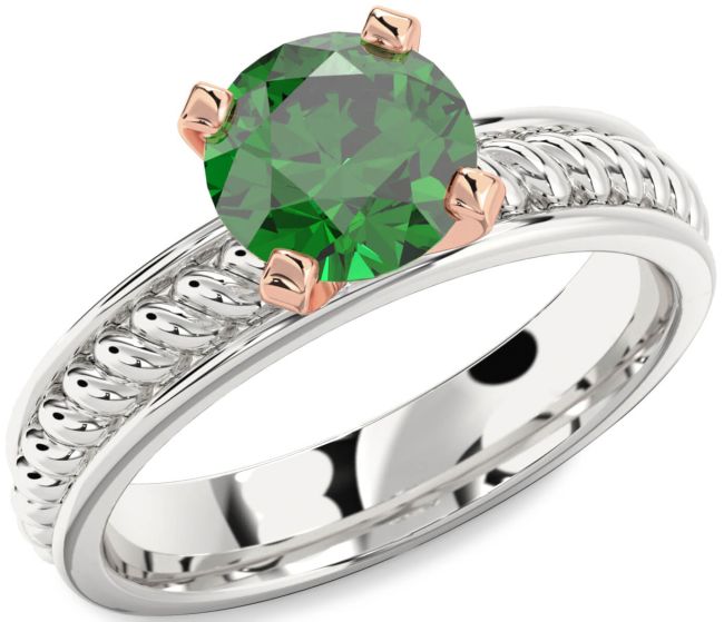 Emerald Rose Gold Silver Knot Round Solitaire Engagement Ring