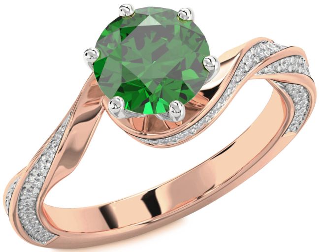 Diamond Emerald Rose Gold Silver Round Solitaire Engagement Ring