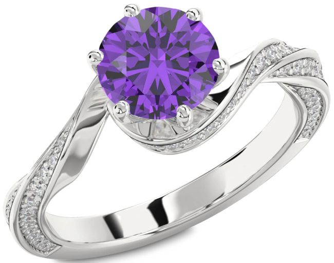 Diamond Amethyst Silver Round Solitaire Engagement Ring