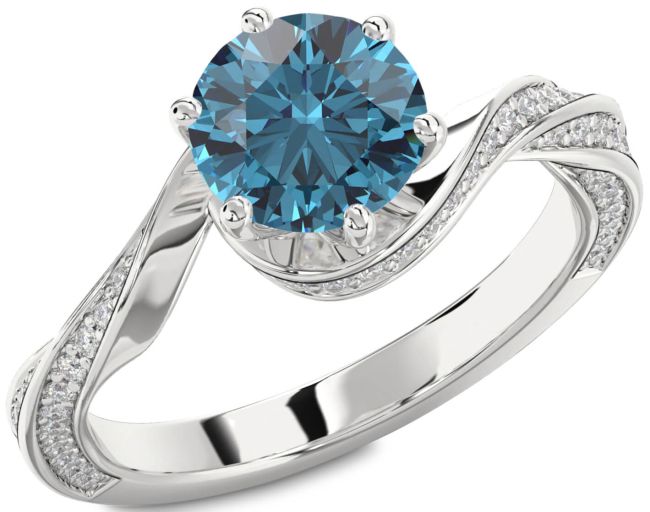 Blue Diamond Silver Round Solitaire Engagement Ring