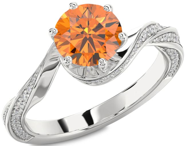 Diamond Citrine Silver Round Solitaire Engagement Ring