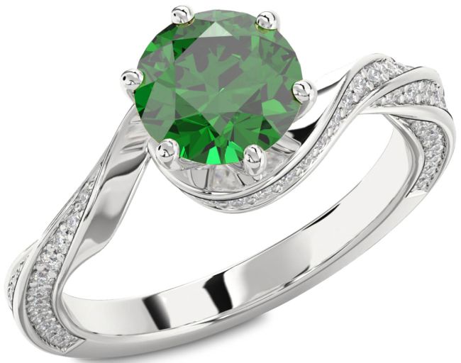 Diamond Emerald Silver Round Solitaire Engagement Ring