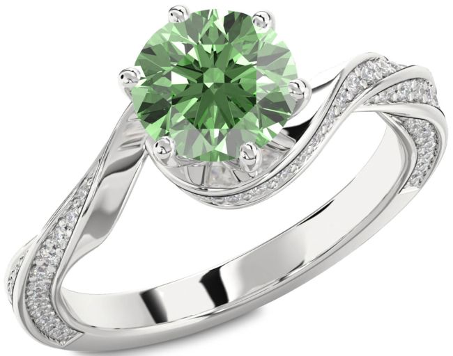 Green Diamond Silver Round Solitaire Engagement Ring