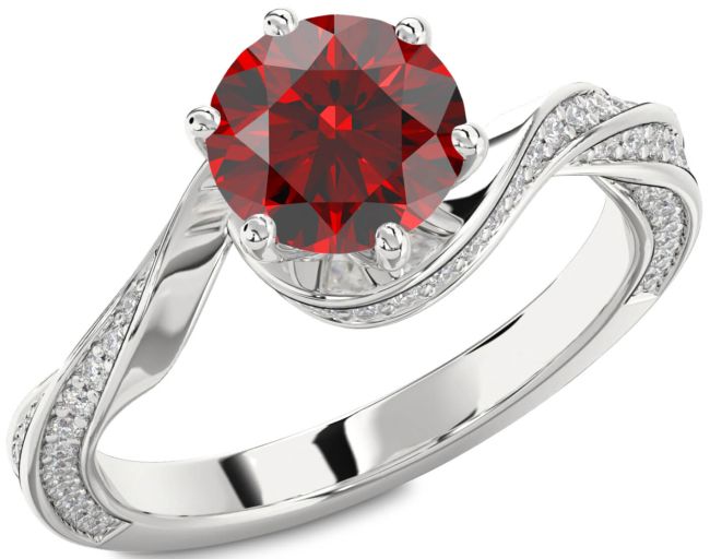Diamond Garnet Silver Round Solitaire Engagement Ring