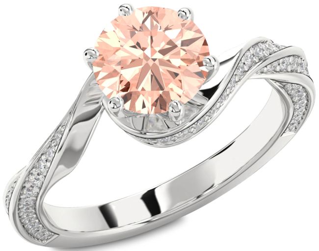 Diamond Morganite Silver Round Solitaire Engagement Ring