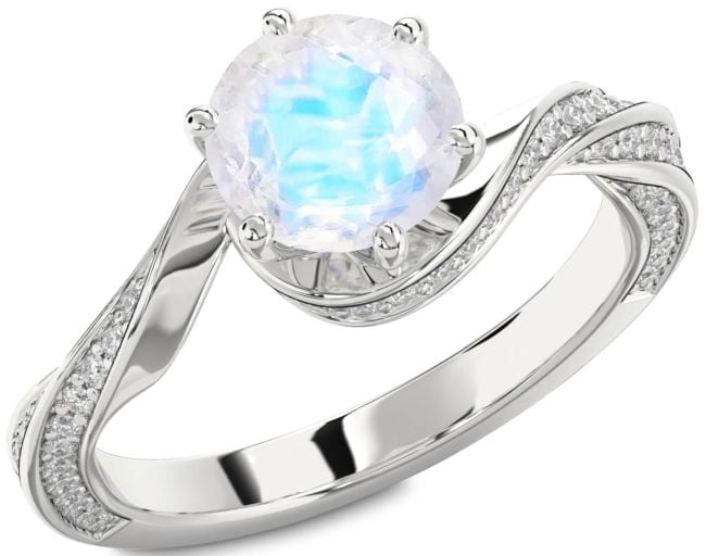 Diamond Moonstone Silver Round Solitaire Engagement Ring