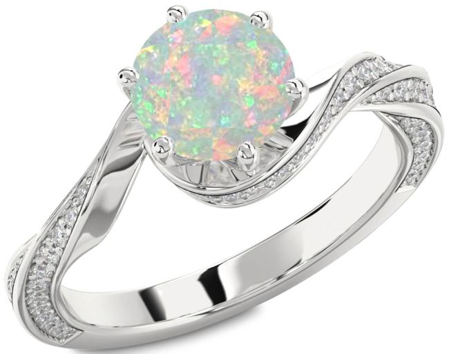 Diamond Opal Silver Round Solitaire Engagement Ring