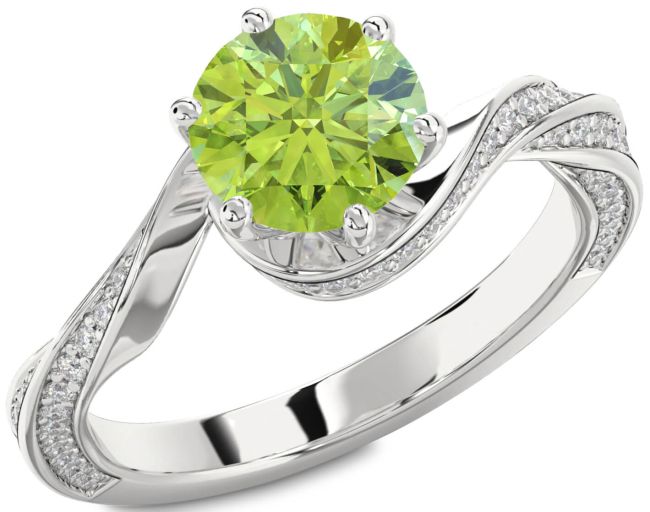 Diamond Peridot Silver Round Solitaire Engagement Ring