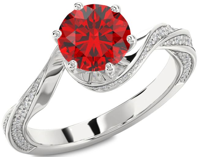 Diamond Ruby Silver Round Solitaire Engagement Ring