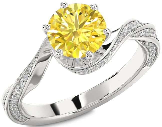 Yellow Diamond Silver Round Solitaire Engagement Ring