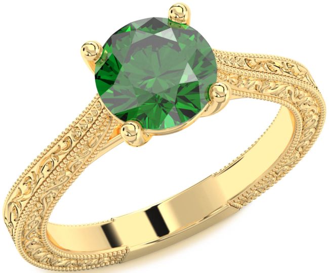 Emerald Gold Silver Round Vintage Engagement Ring