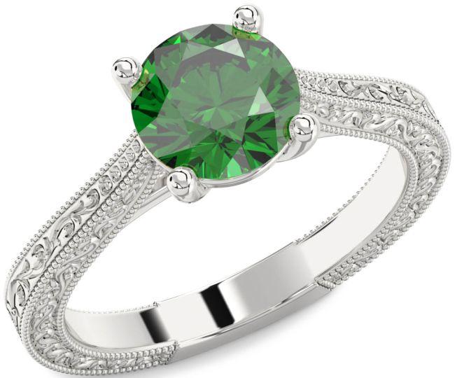 Emerald Silver Round Vintage Engagement Ring