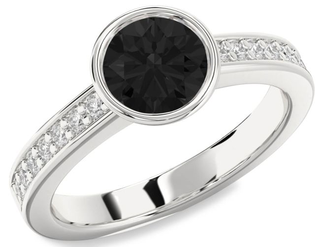 Black Diamond Silver Round Solitaire Pave Engagement Ring