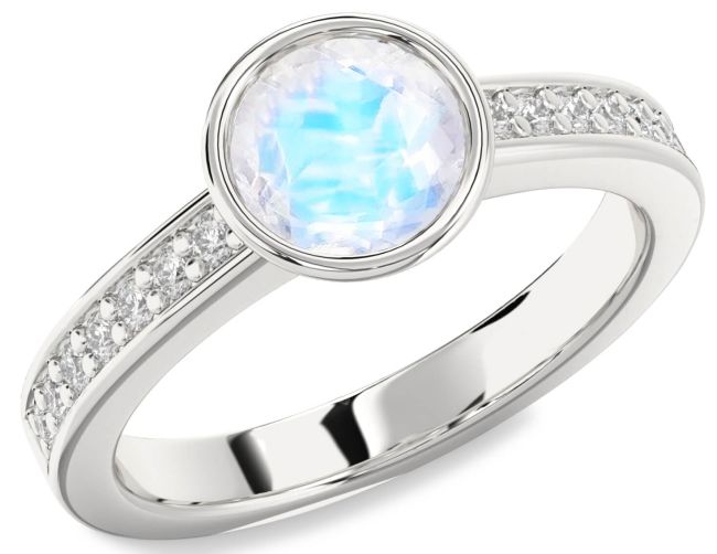 Diamond Moonstone Silver Round Solitaire Pave Engagement Ring