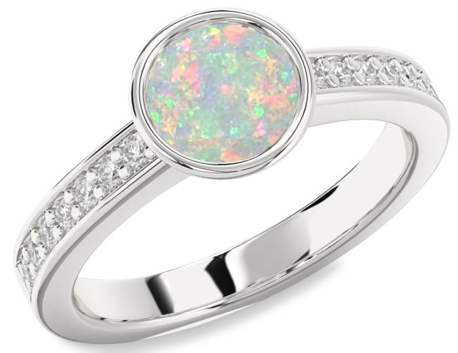 Diamond Opal Silver Round Solitaire Pave Engagement Ring