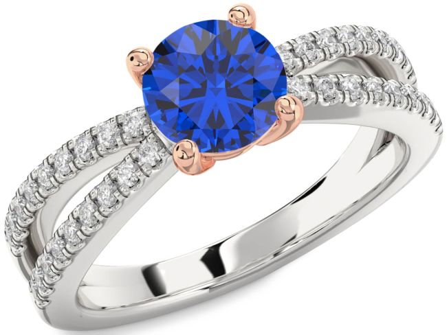 Diamond Blue Sapphire Platinum & Rose Gold Round Solitaire Pave Engagement Ring