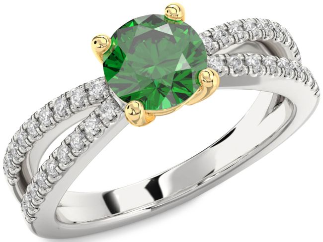 Diamond Emerald Silver & 10K gold Round Solitaire Pave Engagement Ring