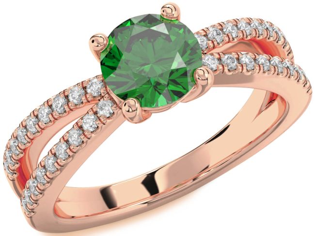 Diamond Emerald Rose Gold Round Solitaire Pave Engagement Ring