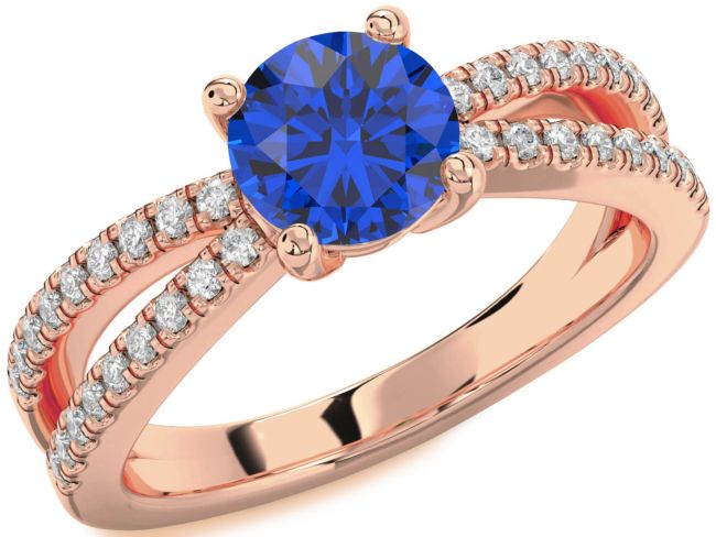 Diamond Blue Sapphire Rose Gold Round Solitaire Pave Engagement Ring