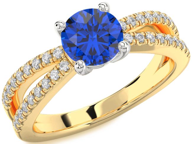Diamond Blue Sapphire Platinum & Yellow Gold Round Solitaire Pave Engagement Ring