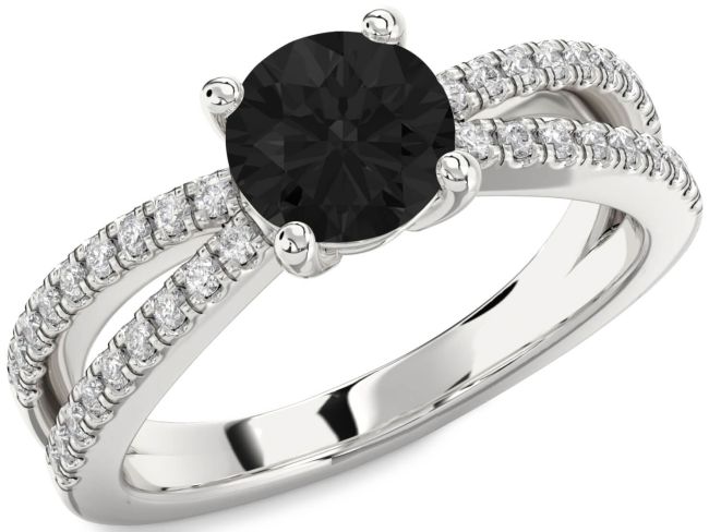 Black Diamond Silver Round Solitaire Pave Engagement Ring