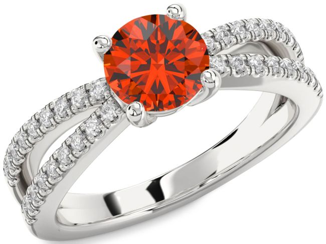 Diamond Fire Opal Silver Round Solitaire Pave Engagement Ring