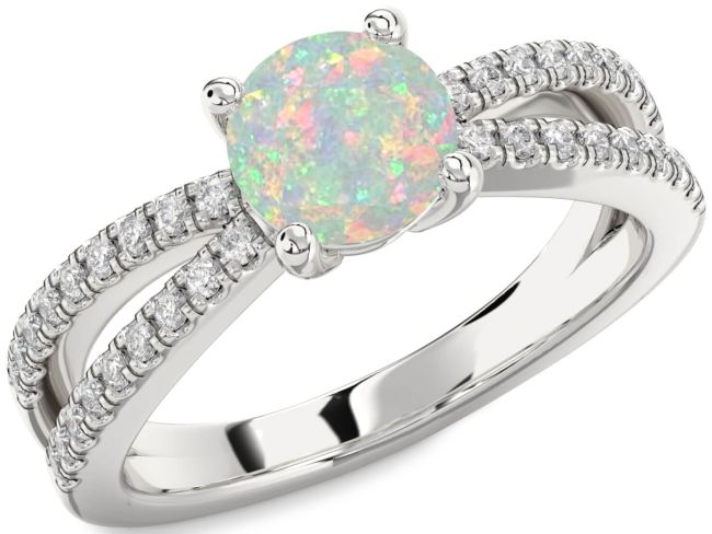 Diamond Opal Silver Round Solitaire Pave Engagement Ring