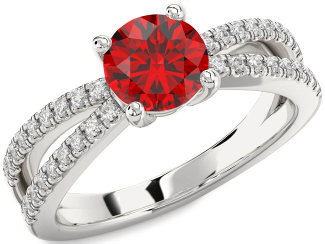 Diamond Ruby Silver Round Solitaire Pave Engagement Ring