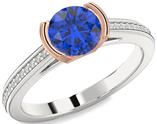 Diamond Blue Sapphire White Rose Gold Round Solitaire Pave Engagement Ring