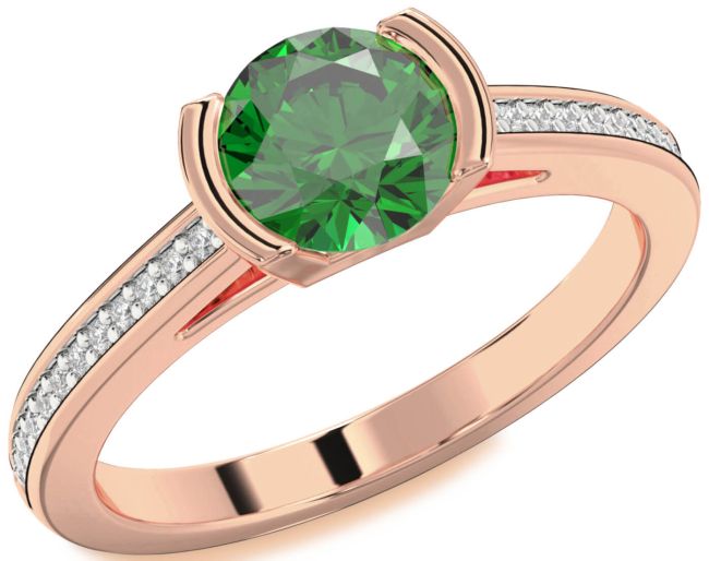 Diamond Emerald Rose Gold Round Solitaire Pave Engagement Ring