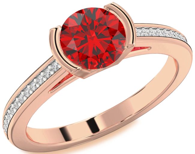 Diamond Ruby Rose Gold Silver Round Solitaire Pave Engagement Ring