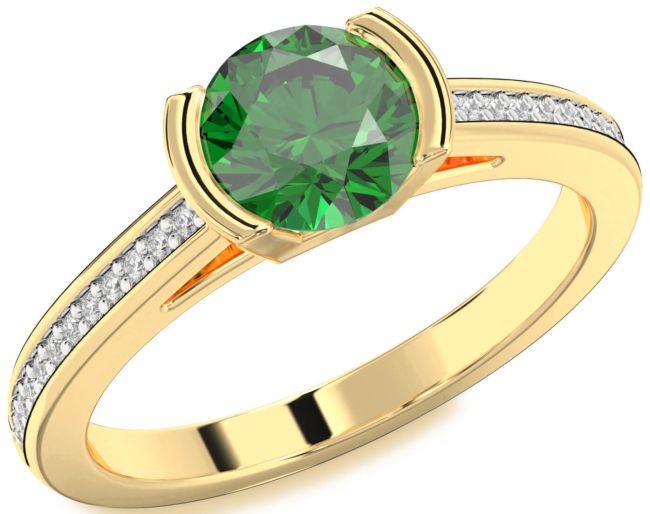 Diamond Emerald Gold Round Solitaire Pave Engagement Ring