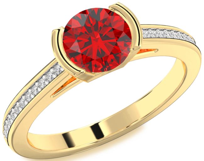 Diamond Ruby Gold Round Solitaire Pave Engagement Ring