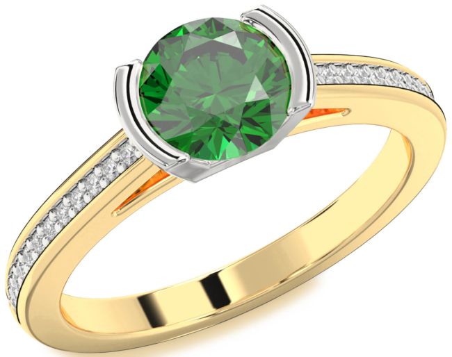 Diamond Emerald Platinum & Yellow Gold Round Solitaire Pave Engagement Ring